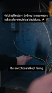 Video by Sydney Electrician | M&J Electrical Works on July 21, 2026. May be a meme of water heater, socket, capacitor, battery and text that says 'Helping Westerr Sydney እታውው45ር homeowners makesaferelectricaldecisions. make safer electrical decisions. This switchboard Thisswitchboardkeptfailing. kept failing.'.