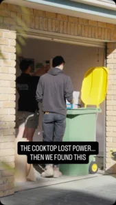 Video by Sydney Electrician | M&J Electrical Works on August 13, 2026. May be a meme of welcome mat, bucket, dustpan and text that says 'THE COOKTOP THECOOKTOPLOSTPOWE... LOST POWER... THEN WE FOUND THIS'.